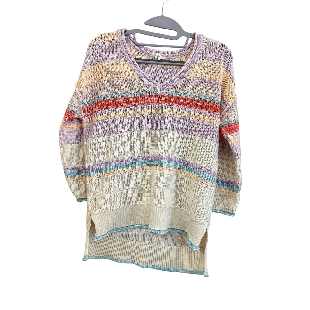 Tribal Jeans Pastel Striped V-Neck Knit Sweater 3/4 Sleeve Fisherman Coastal P/S - Picture 2 of 10